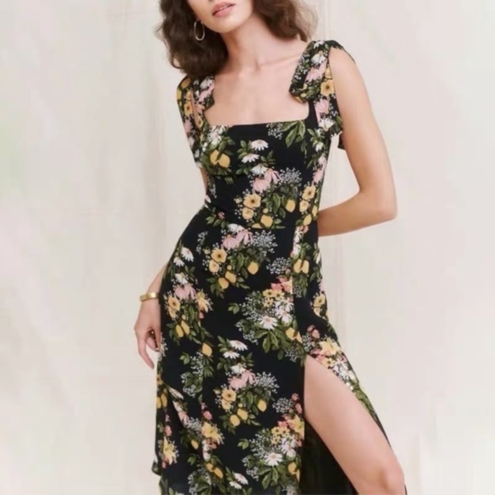 Reformation Twilight Bow Strap Dress Sicilia Floral Lemon Print Sz 4